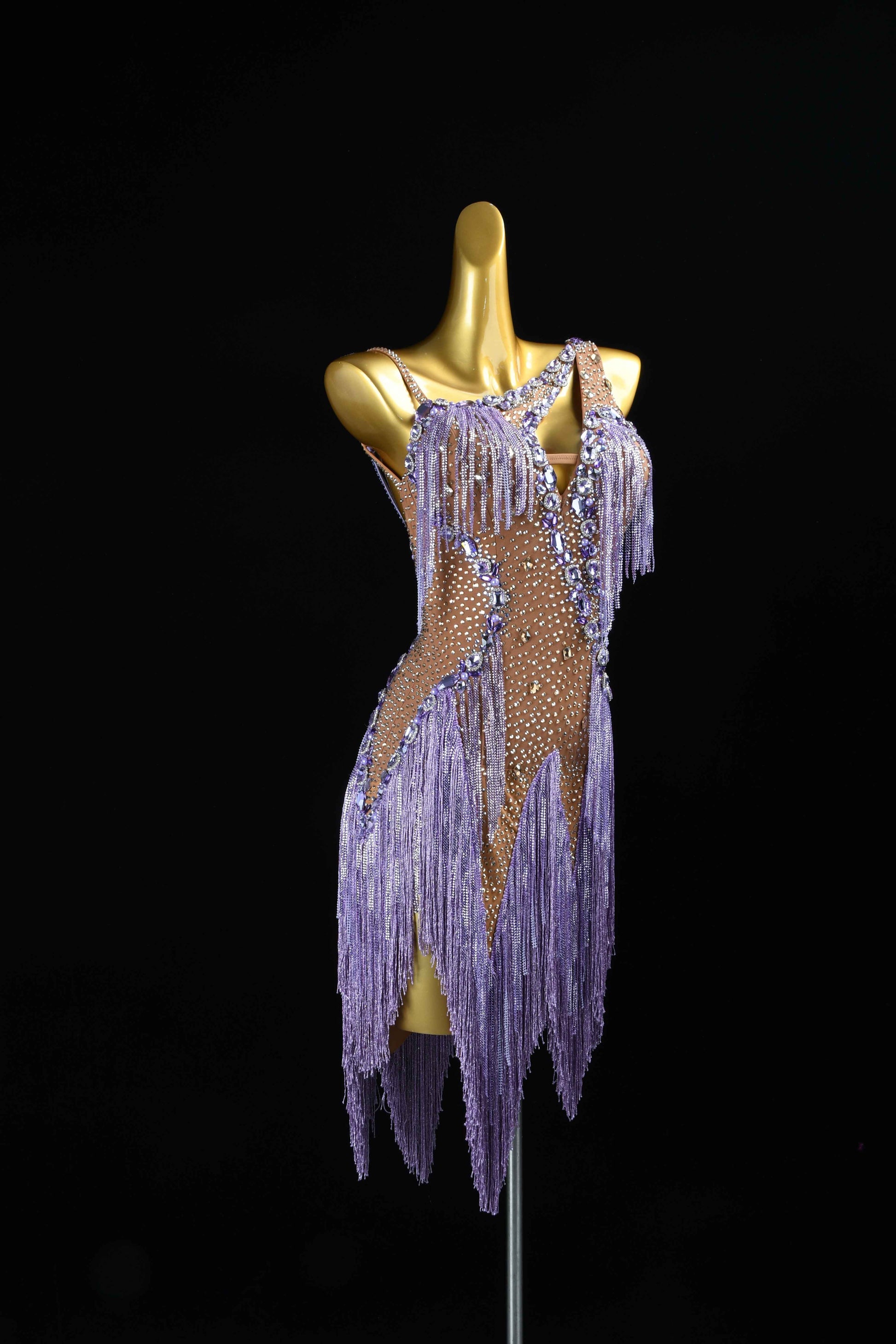 MINEJAS.L079 Lavender Rhinestone Fringe Latin Dance Dress