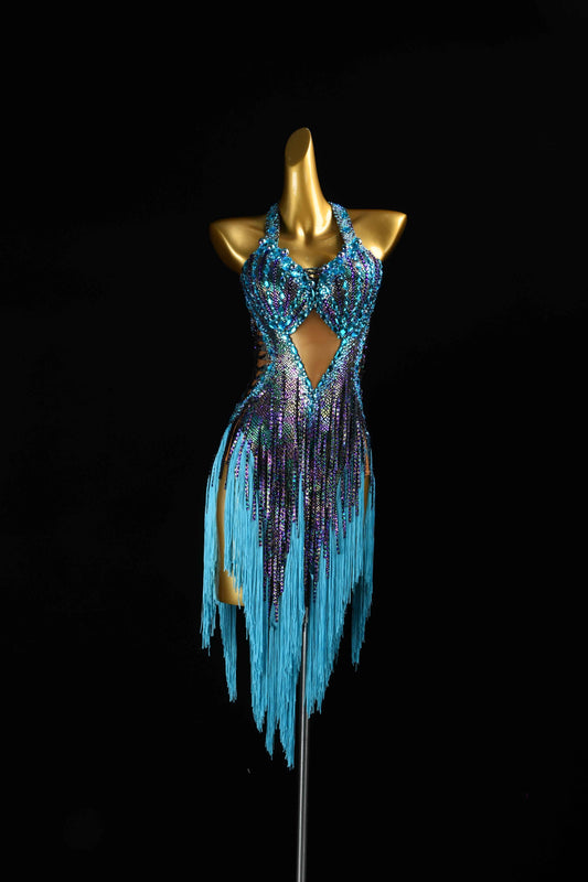 MINEJAS.L080 Blue AB Rhinestone Fringe Latin Dance Gown