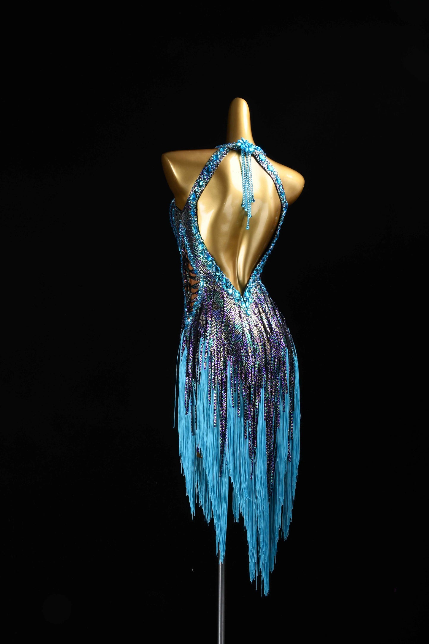 MINEJAS.L080 Blue AB Rhinestone Fringe Latin Dance Gown