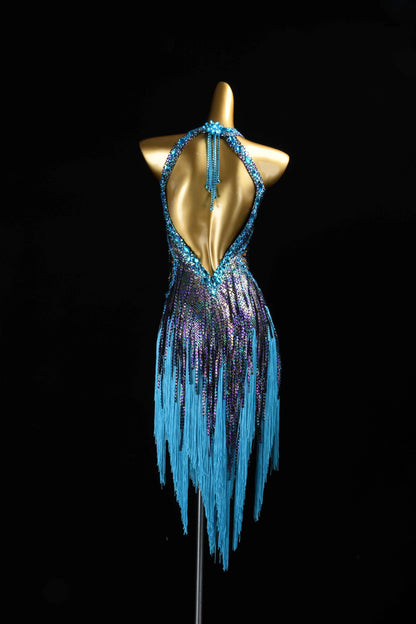 MINEJAS.L080 Blue AB Rhinestone Fringe Latin Dance Gown