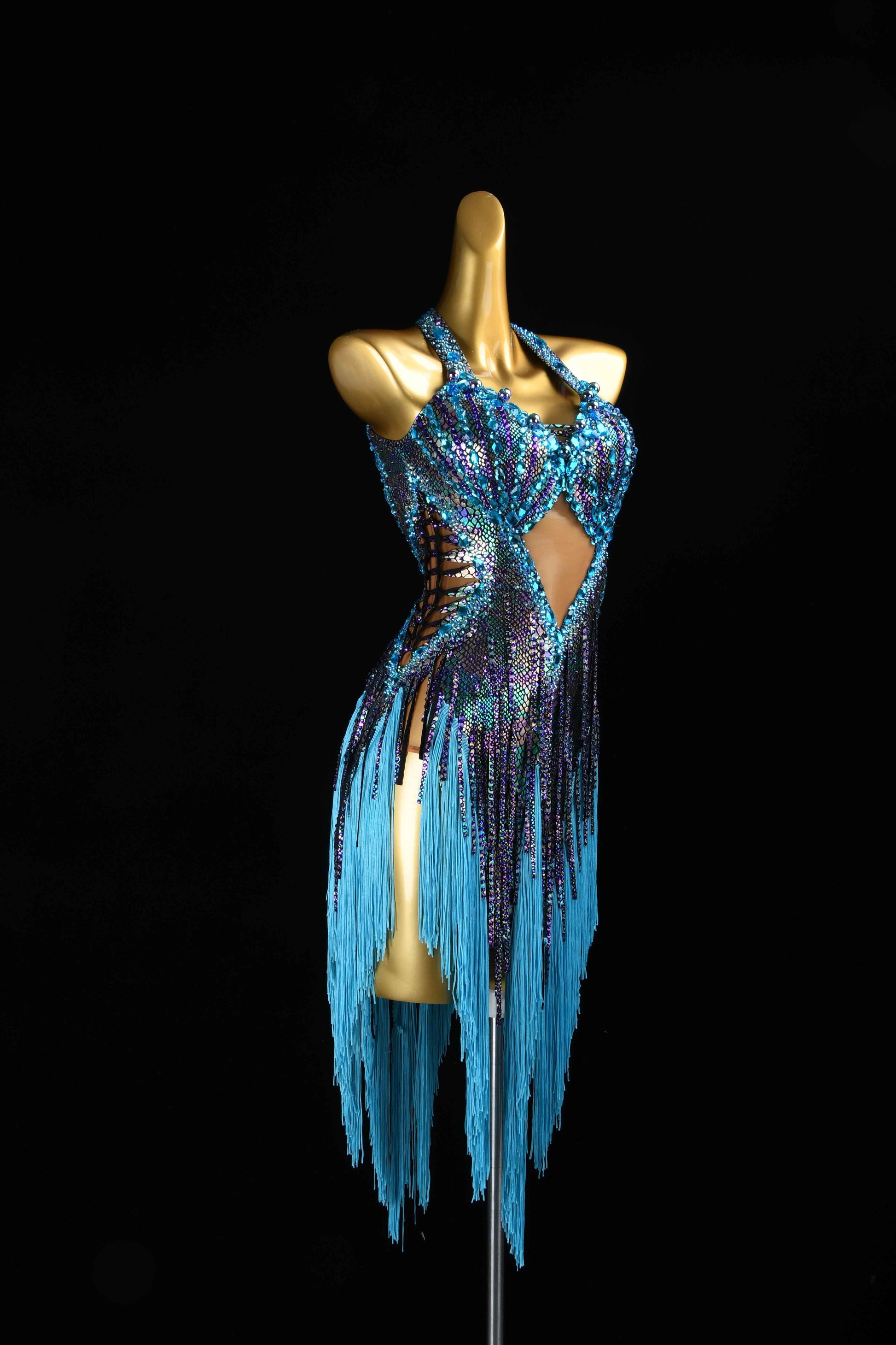 MINEJAS.L080 Blue AB Rhinestone Fringe Latin Dance Gown