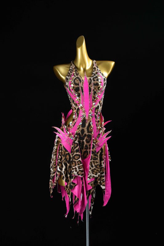 MINEJAS.L081 Pink Leopard Latin Samba Stage Costume