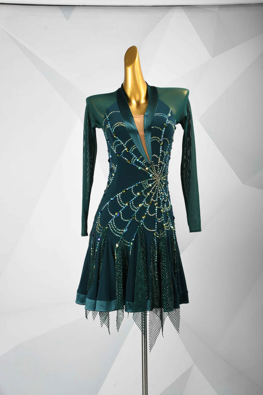 MINEJAS.L420 Dark Green Mesh Latin Samba Stage Dress