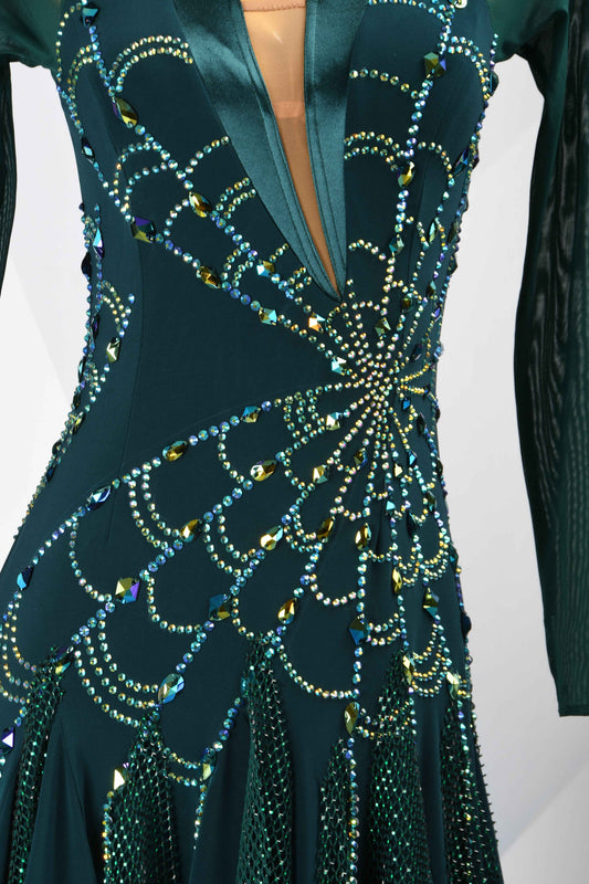 MINEJAS.L420 Dark Green Mesh Latin Samba Stage Dress