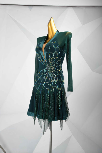 MINEJAS.L420 Dark Green Mesh Latin Samba Stage Dress