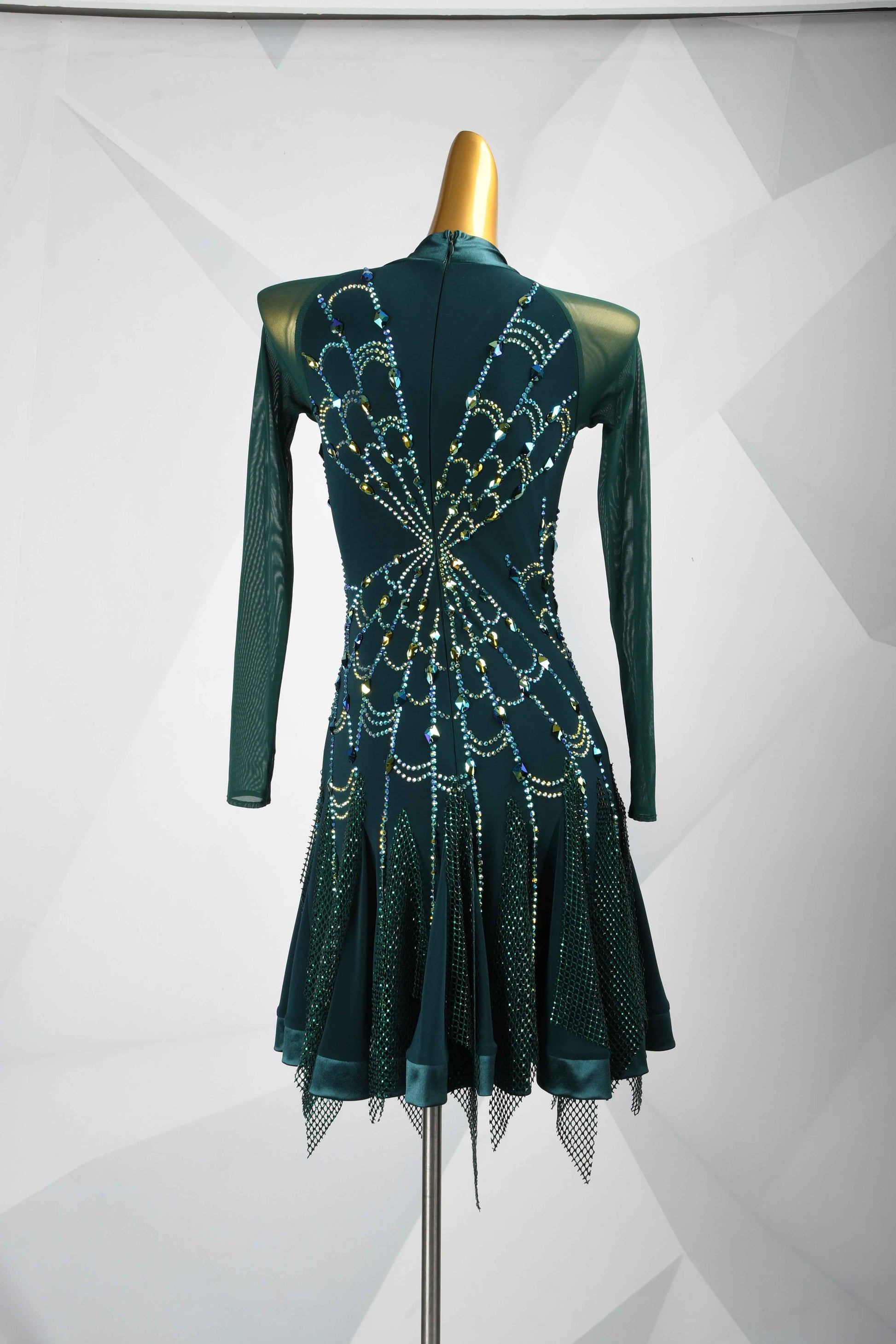 MINEJAS.L420 Dark Green Mesh Latin Samba Stage Dress