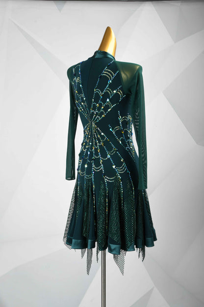 MINEJAS.L420 Dark Green Mesh Latin Samba Stage Dress