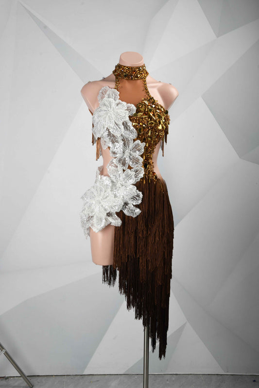 MINEJAS.L107 Brown Gold Fringe Latin Performance Dress
