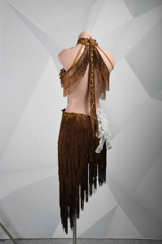 MINEJAS.L107 Brown Gold Fringe Latin Performance Dress