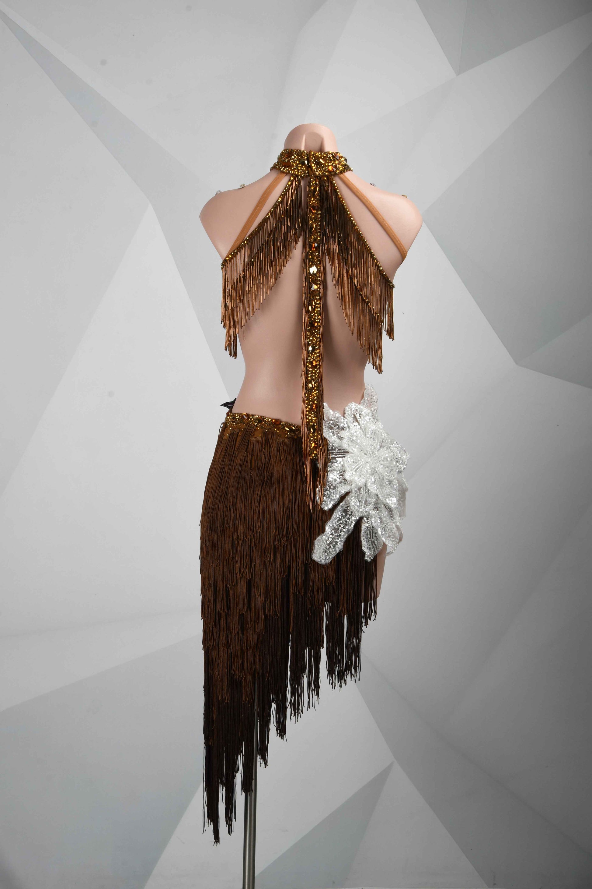 MINEJAS.L107 Brown Gold Fringe Latin Performance Dress
