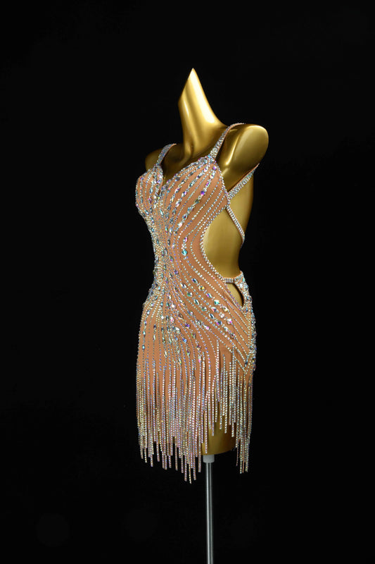 MINEJAS.L108 Nude AB Rhinestone Latin Dance Costume