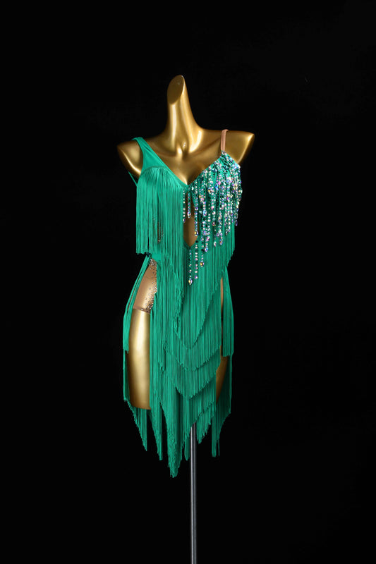 MINEJAS.L425 Green Fringe Latin Bachata Dance Costume