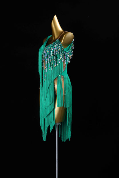 MINEJAS.L425 Green Fringe Latin Bachata Dance Costume