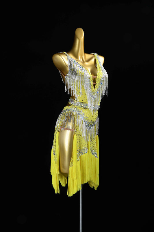 MINEJAS.L109 Yellow Silver Fringe Latin Bachata Dress