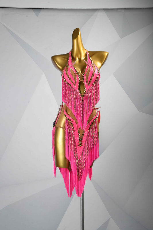 MINEJAS.L082 Hot Pink Fringe Latin Performance Dance Dress