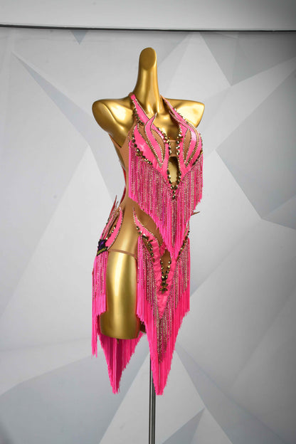 MINEJAS.L082 Hot Pink Fringe Latin Performance Dance Dress