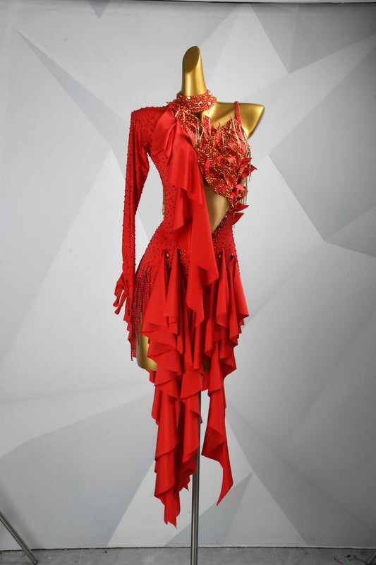 MINEJAS.L110 Red Ruffle Latin Samba Stage Costume