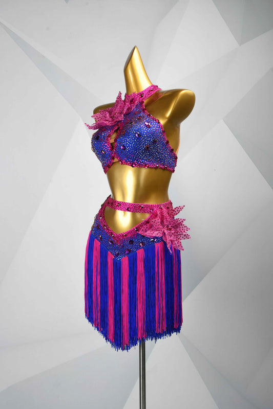MINEJAS.L111 Blue Pink Fringe Latin 2-Piece Dance Set