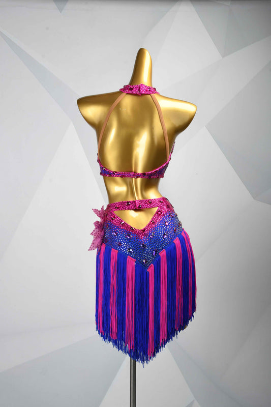 MINEJAS.L111 Blue Pink Fringe Latin 2-Piece Dance Set