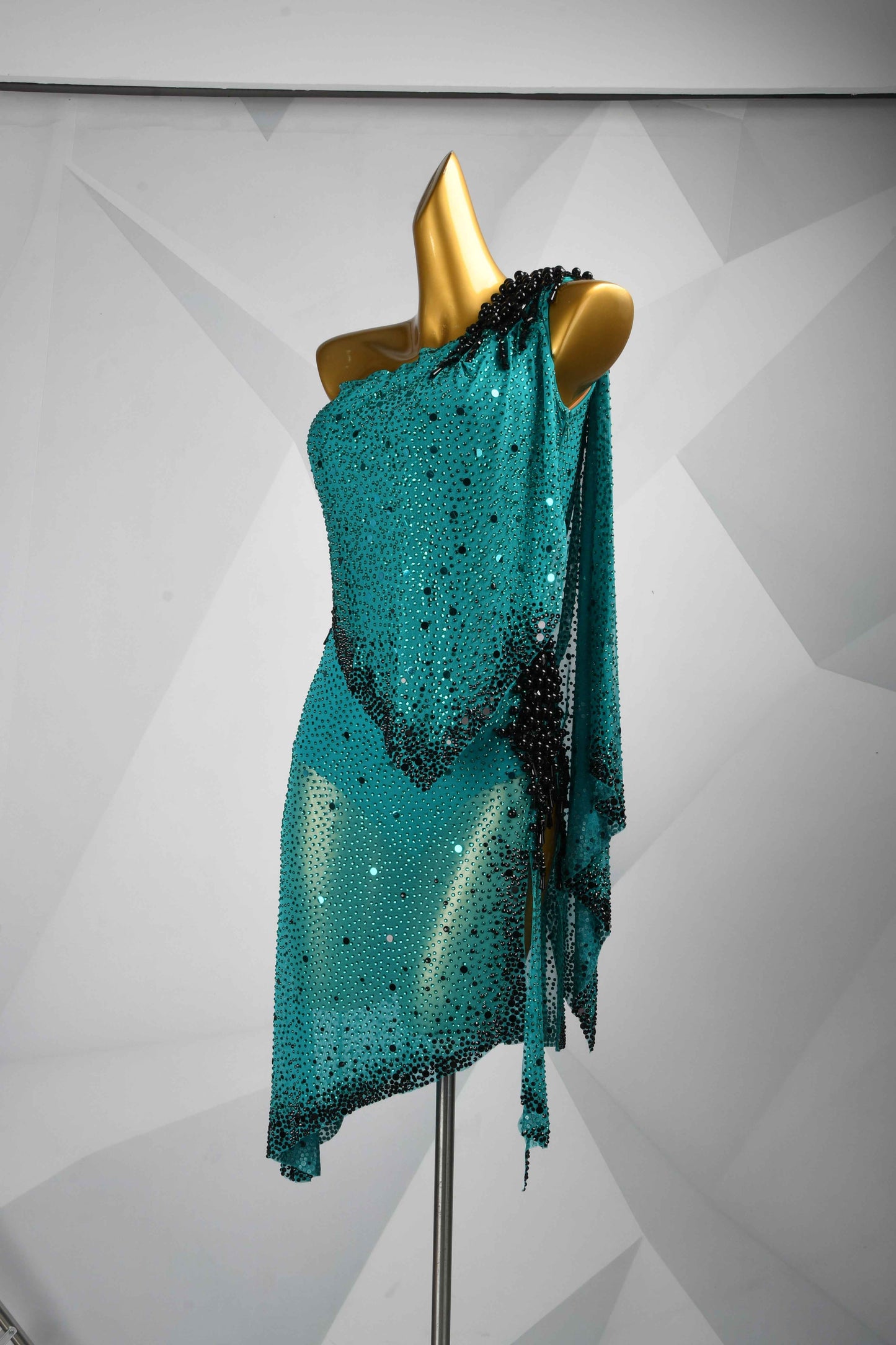 MINEJAS.L113 Teal Black One Shoulder Latin Dance Dress