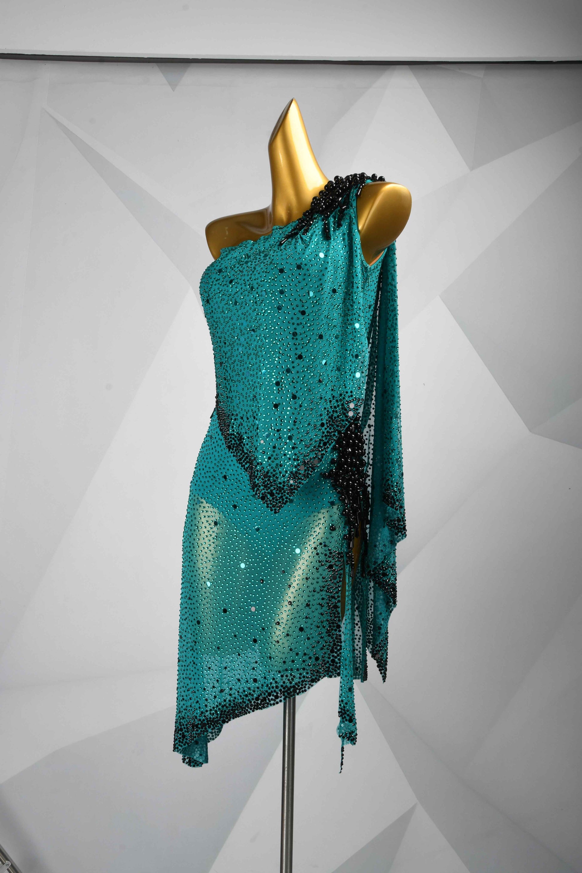 MINEJAS.L113 Teal Black One Shoulder Latin Dance Dress