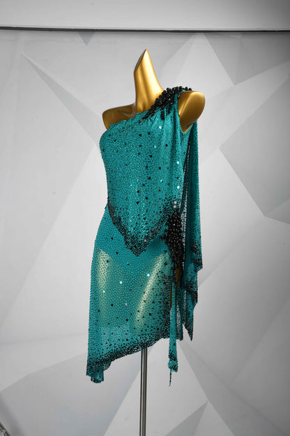 MINEJAS.L113 Teal Black One Shoulder Latin Dance Dress