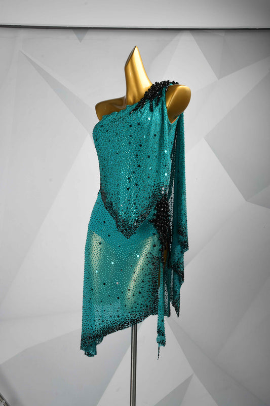 MINEJAS.L113 Teal Black One Shoulder Latin Dance Dress