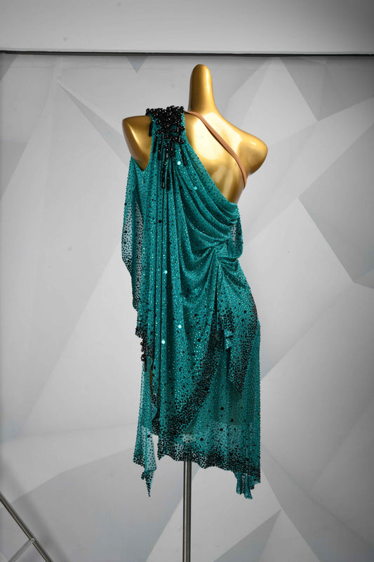 MINEJAS.L113 Teal Black One Shoulder Latin Dance Dress
