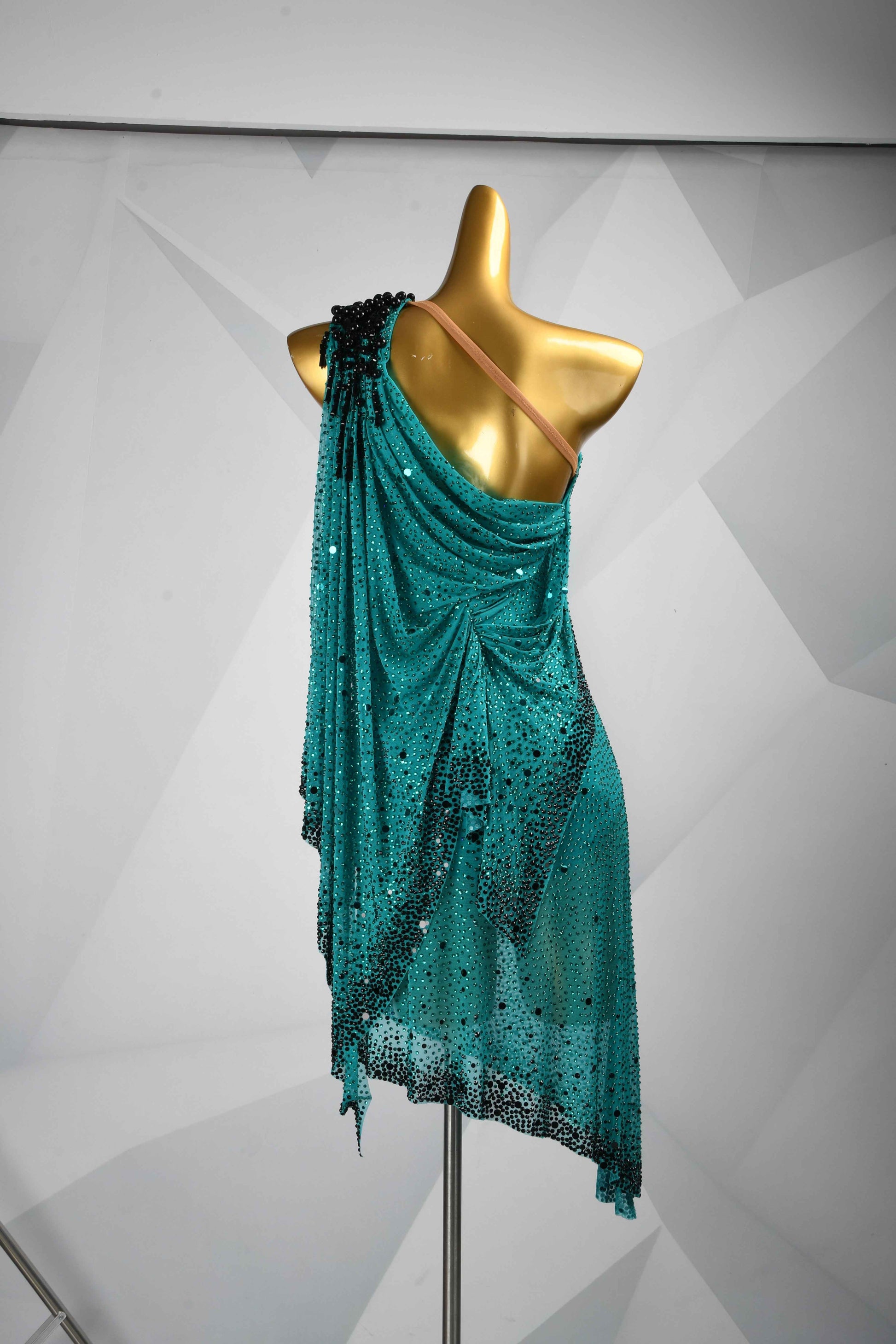 MINEJAS.L113 Teal Black One Shoulder Latin Dance Dress