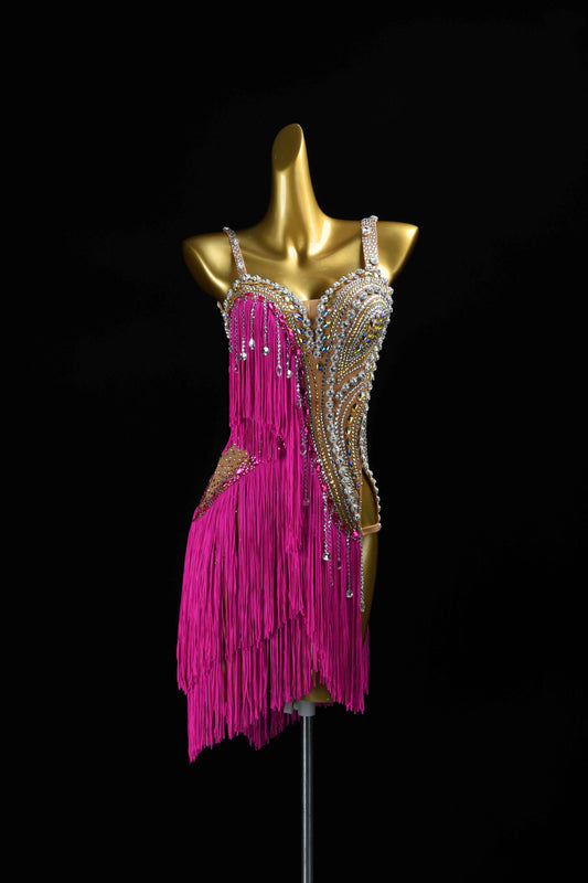 MINEJAS.L083 Hot Pink Fringe Latin Dance Dress