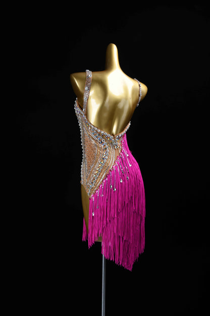 MINEJAS.L083 Hot Pink Fringe Latin Dance Dress