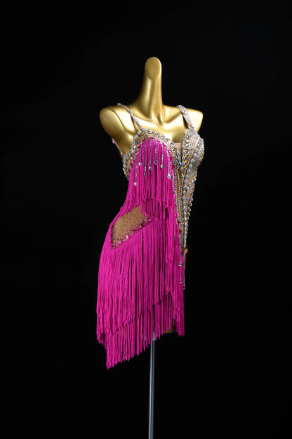 MINEJAS.L083 Hot Pink Fringe Latin Dance Dress