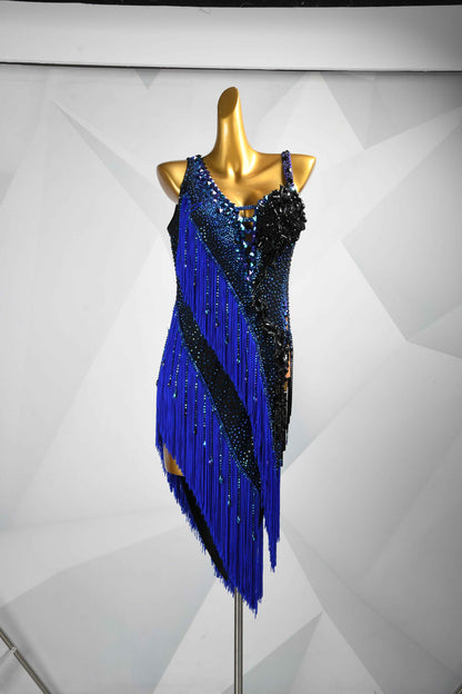 MINEJAS.L084 Blue Black Fringe Latin Salsa Competition Gown
