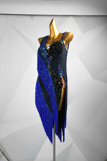 MINEJAS.L084 Blue Black Fringe Latin Salsa Competition Gown