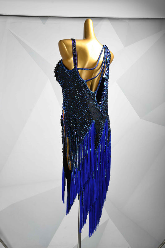 MINEJAS.L084 Blue Black Fringe Latin Salsa Competition Gown