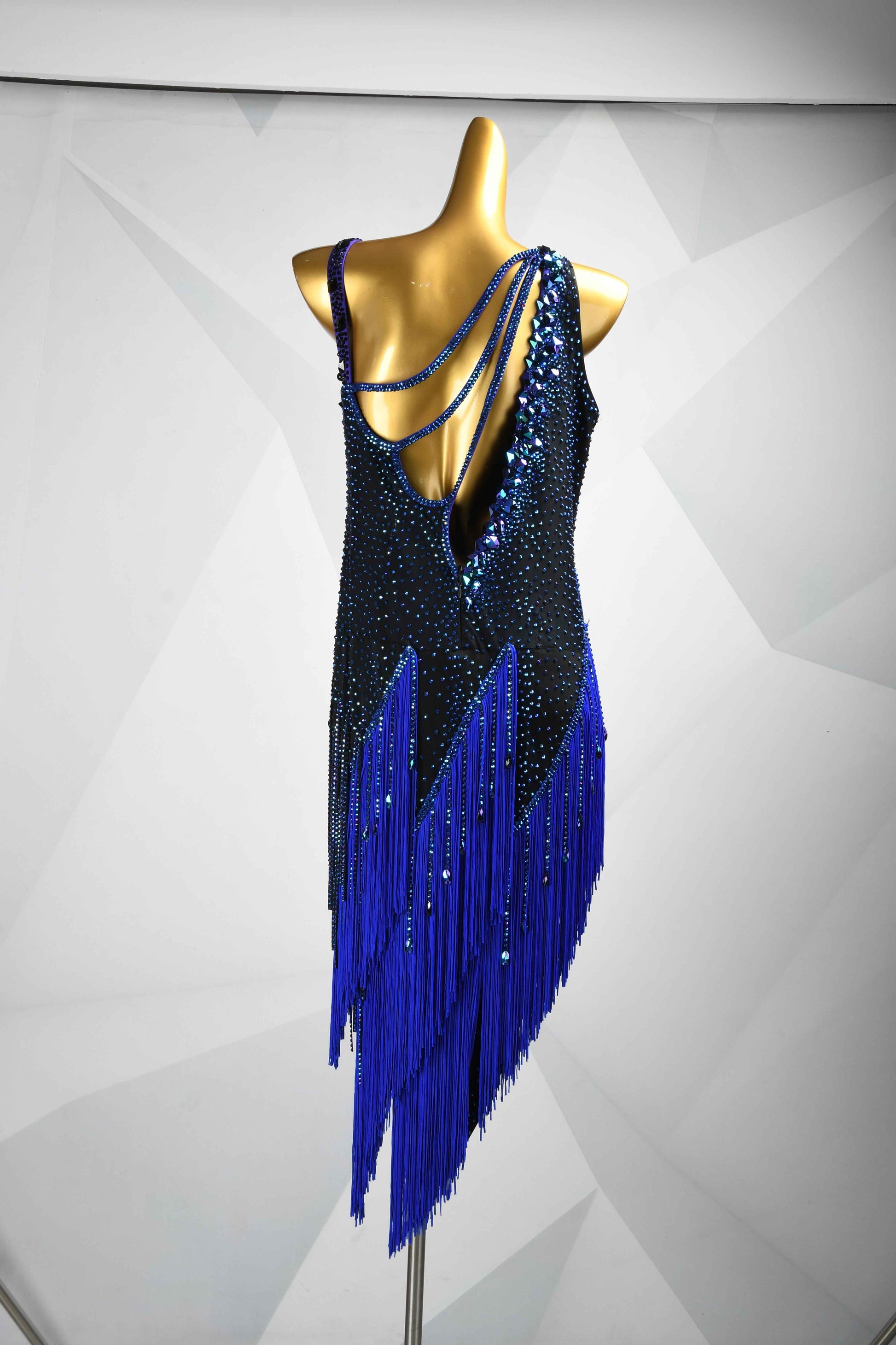 MINEJAS.L084 Blue Black Fringe Latin Salsa Competition Gown