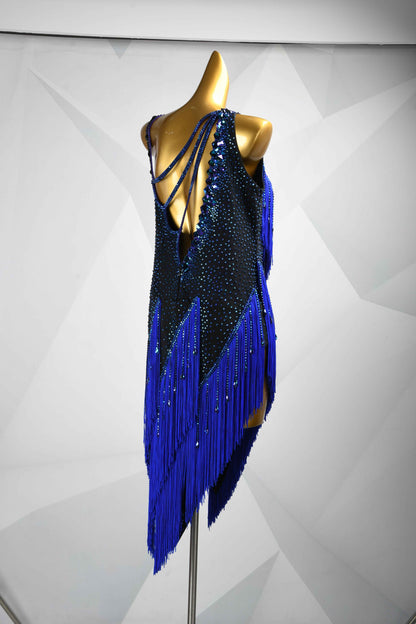 MINEJAS.L084 Blue Black Fringe Latin Salsa Competition Gown