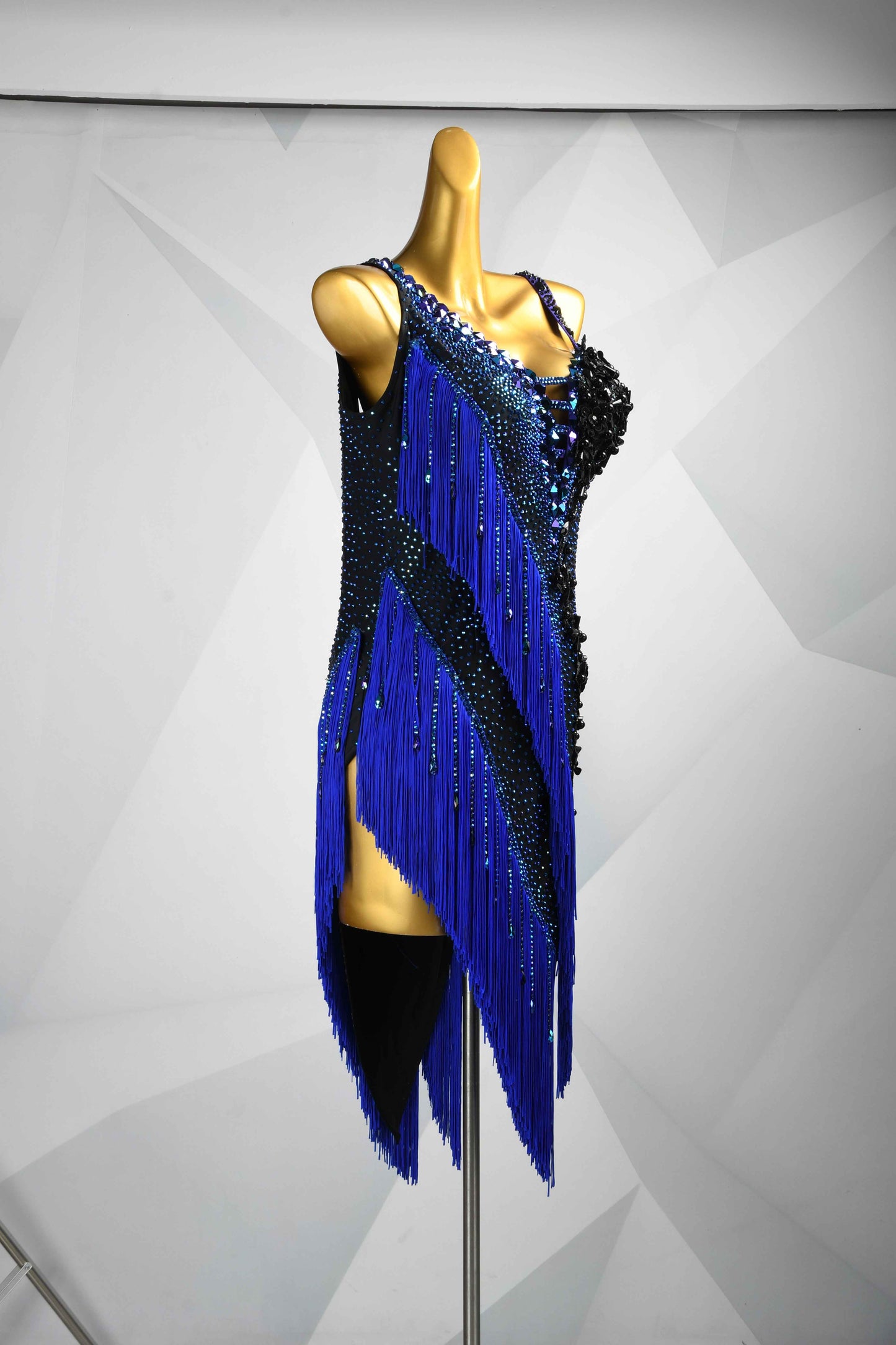 MINEJAS.L084 Blue Black Fringe Latin Salsa Competition Gown