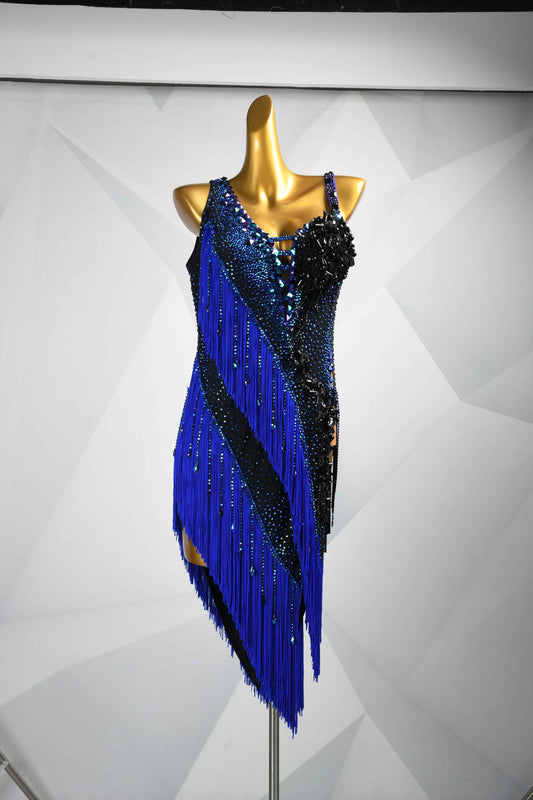 MINEJAS.L084 Blue Black Fringe Latin Salsa Competition Gown