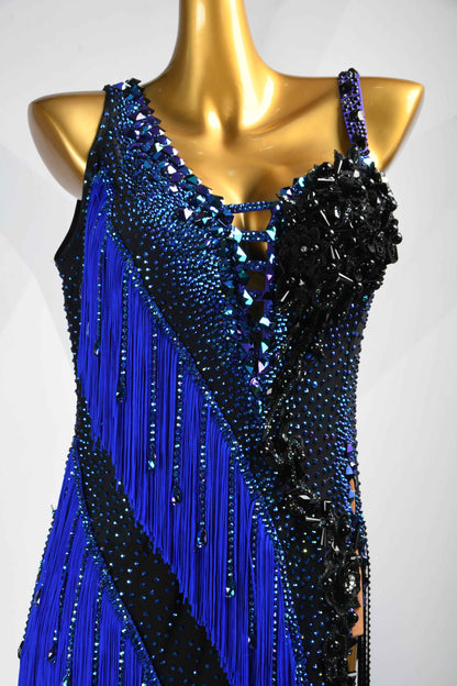 MINEJAS.L084 Blue Black Fringe Latin Salsa Competition Gown