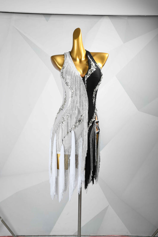 MINEJAS.L085 Black White Fringe Latin Performance Dress