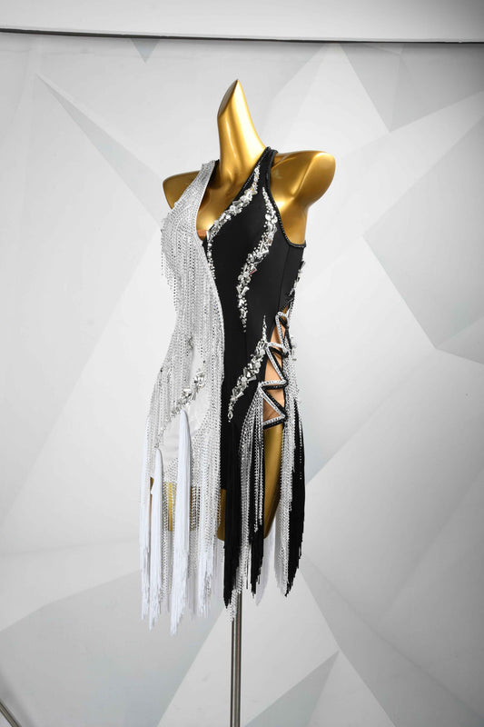 MINEJAS.L085 Black White Fringe Latin Performance Dress