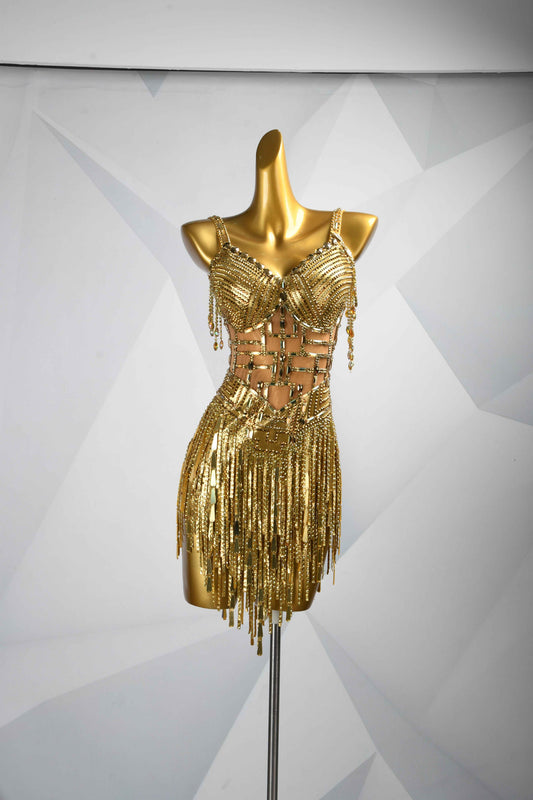 MINEJAS.L086 Gold Rhinestone Fringe Latin Dance Costume