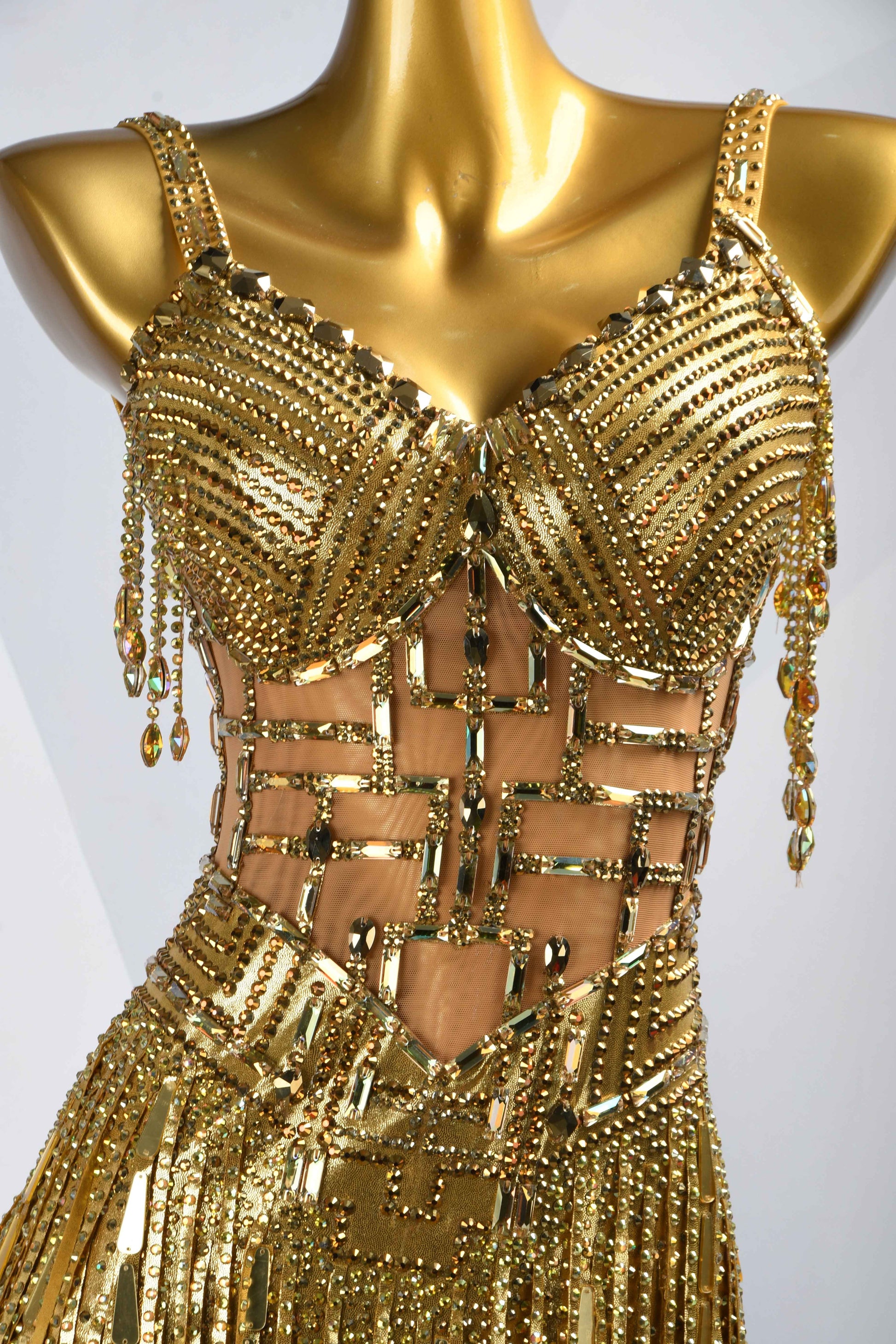 MINEJAS.L086 Gold Rhinestone Fringe Latin Dance Costume