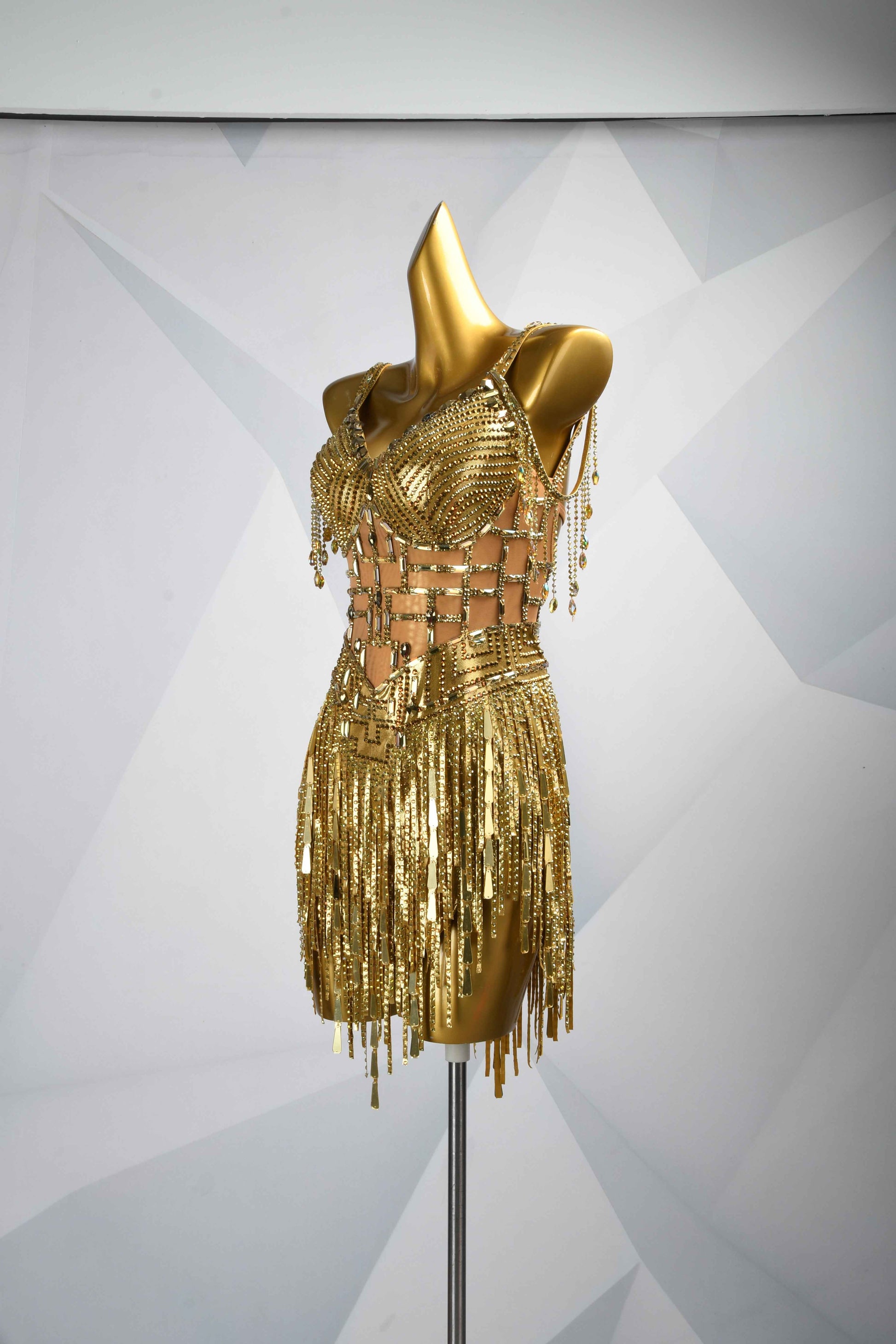 MINEJAS.L086 Gold Rhinestone Fringe Latin Dance Costume