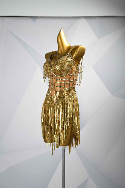 MINEJAS.L086 Gold Rhinestone Fringe Latin Dance Costume