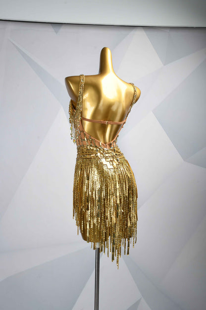 MINEJAS.L086 Gold Rhinestone Fringe Latin Dance Costume