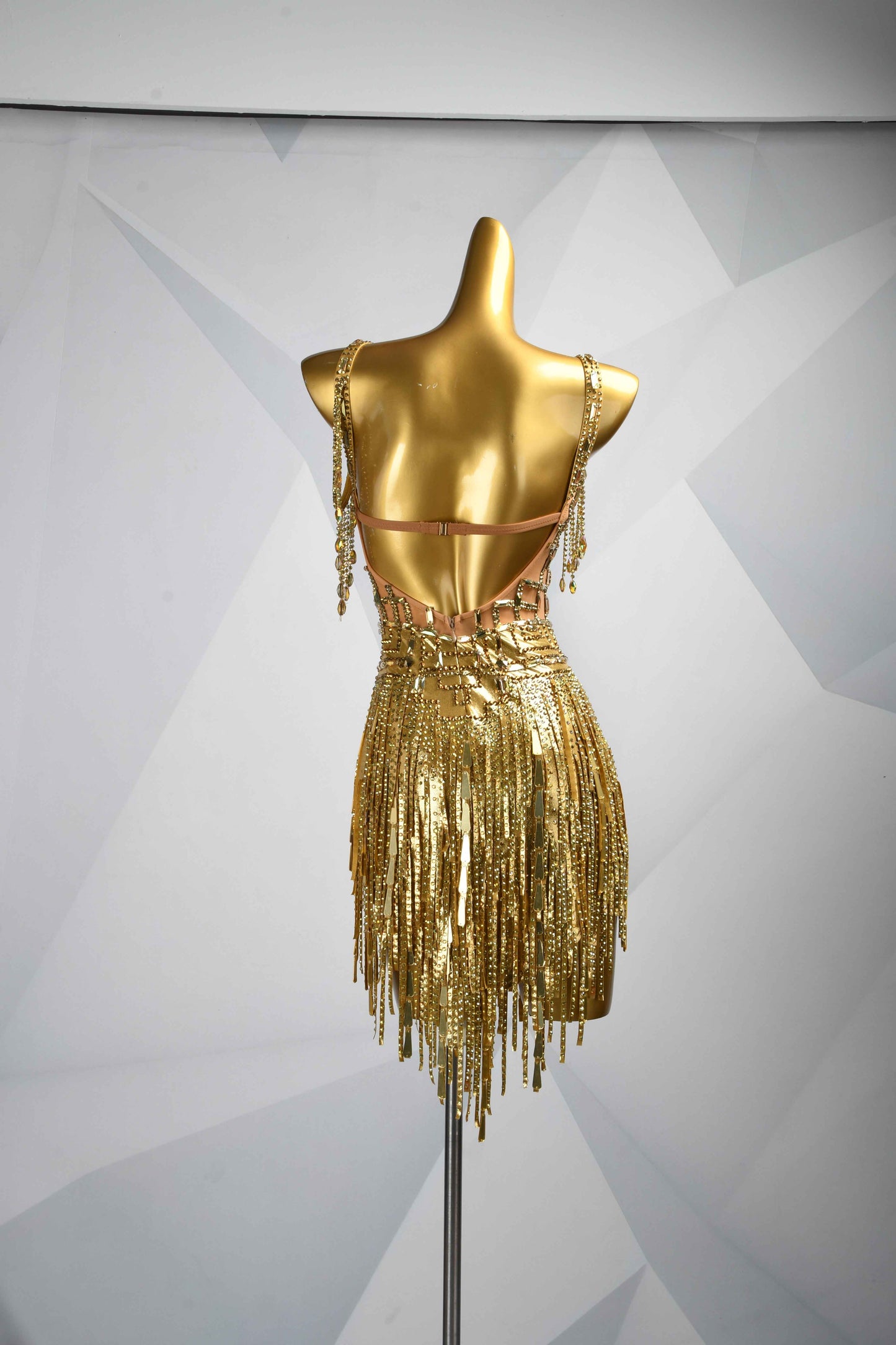 MINEJAS.L086 Gold Rhinestone Fringe Latin Dance Costume