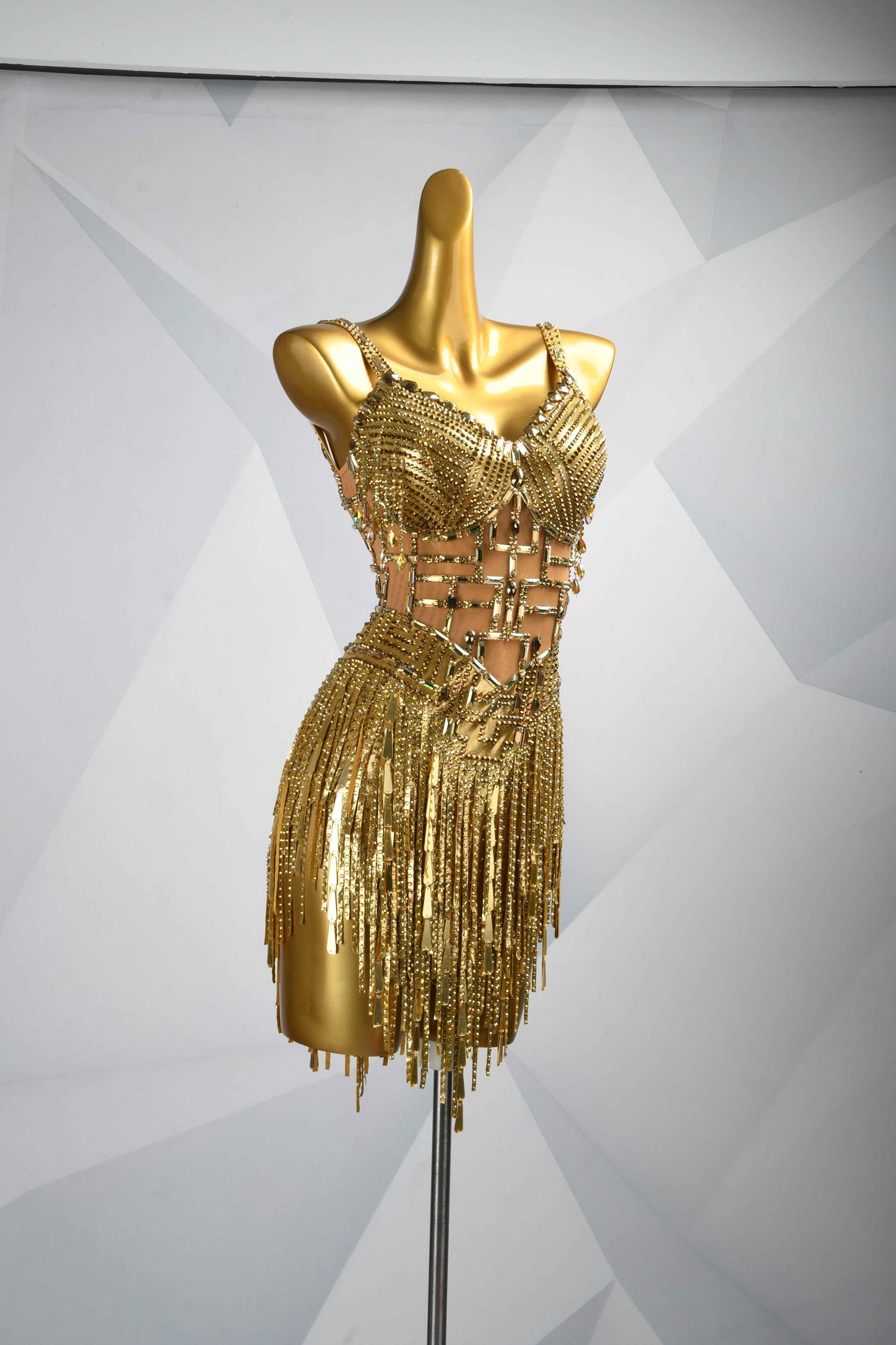 MINEJAS.L086 Gold Rhinestone Fringe Latin Dance Costume