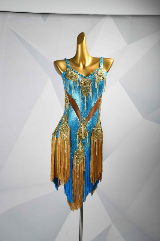 MINEJAS.L087 Blue Gold Fringe Latin Bachata Dance Dress